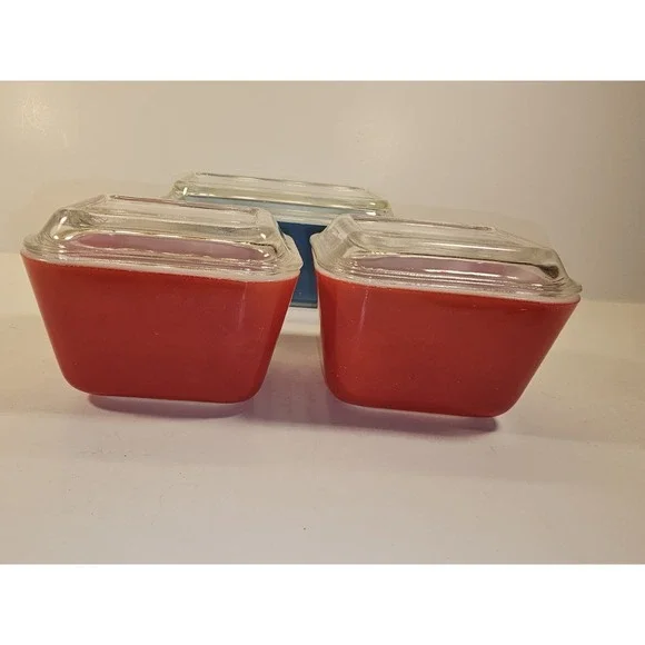 Vintage PYREX Refrigerator Dishes 3 Piece Set W 2 Lids 501, 502 Primary Colors - Picture 6 of 16